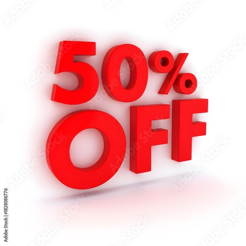 50 percent OFF bold red 3D rendering white background