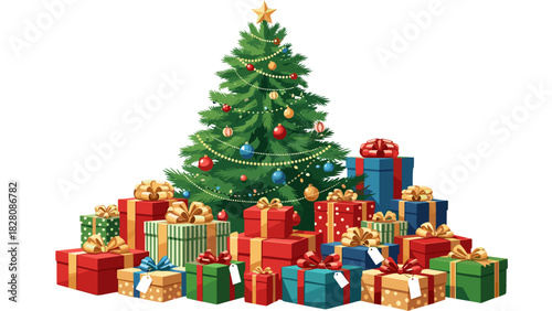 Christmas tree with colorful presents under it on white background  