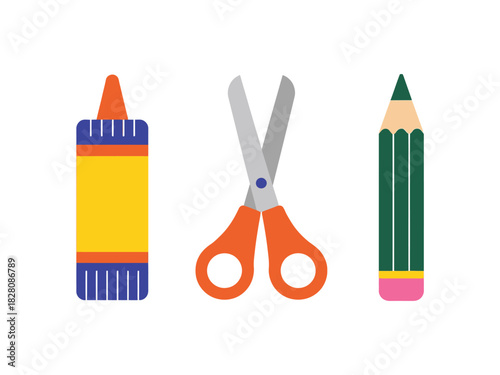 A glue bottle, scissors, and a pencil are laid out for crafting.