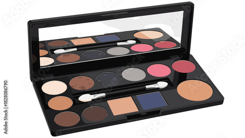 Open makeup palette with various shades and mirror for application  