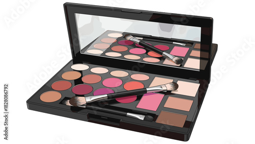 Open makeup palette with brushes in black case and mirror  