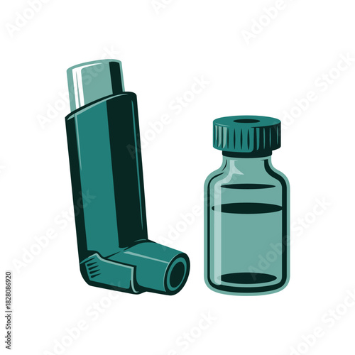 An inhaler and a vial represent medical treatment for respiratory conditions.
