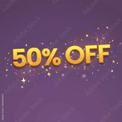 50 percent OFF Golden 3D Text Sale Promotion Purple Background