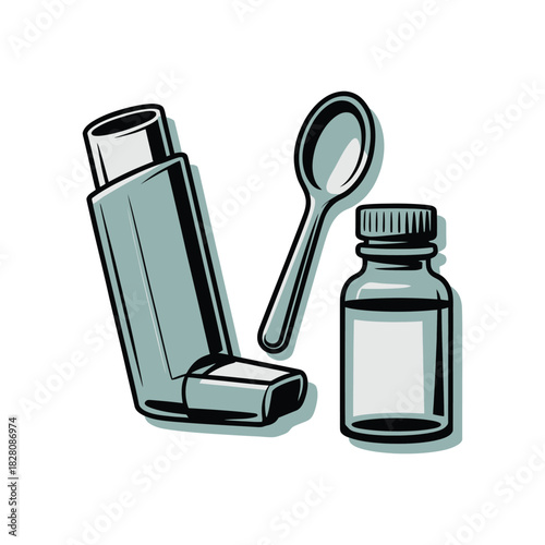 Asthma inhaler, spoon, and medication bottle are presented together.