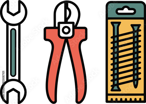 A wrench, pliers, and a package of screws are displayed against a white background.