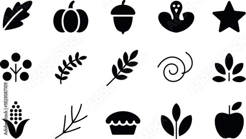 Black and White Autumn Harvest Icons Collection Flat Design Style