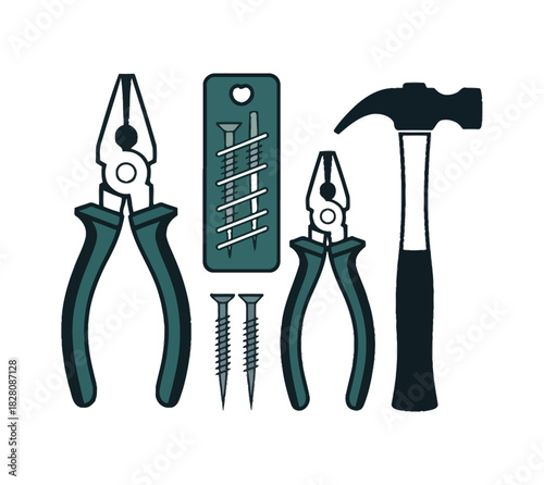 A set of tools including pliers, screws, and a hammer is arranged on a white background.