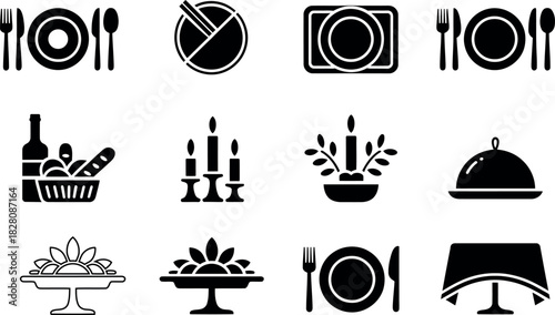 Black and white vector illustration of dinner table set up