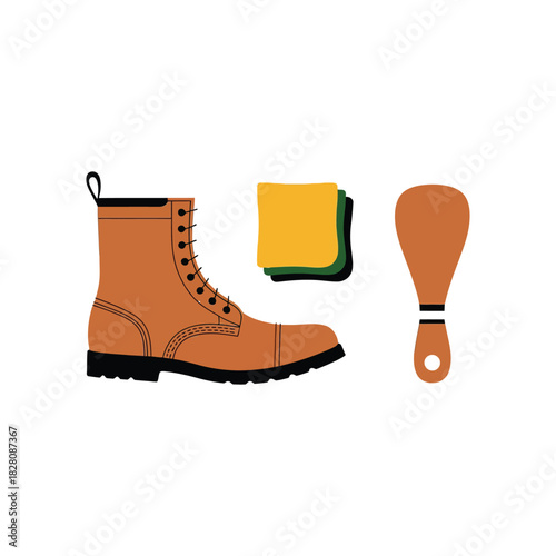 A boot, cleaning cloths, and a shoe horn are laid out for shoe care.