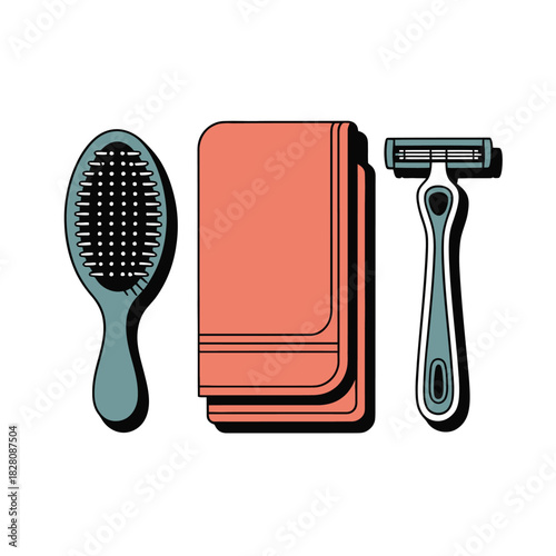 A hairbrush, folded towel, and razor are arranged on a white background.