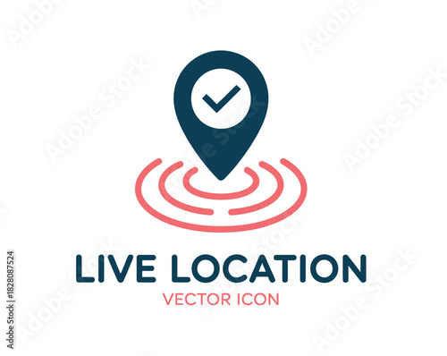 A stylized vector icon depicting a live location marker with a checkmark, indicating a confirmed or active position.