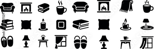 Cozy Home Icons Collection Depicting Comfort and Relaxation Set in Black