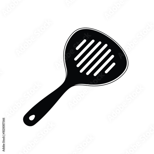 Black slotted spatula with hanging hole on white background