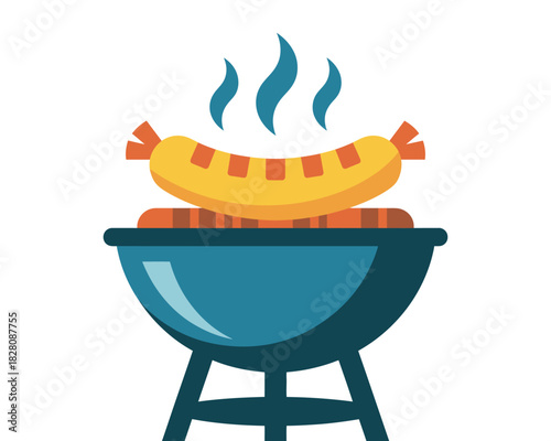 A delicious, hot sausage is grilling on a barbecue in the summer with steam rising.