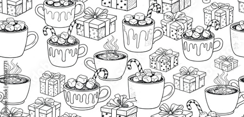 Festive Holiday Pattern Mugs of Cocoa, Marshmallows, Gifts, and Candy Canes - A Winter Wonderland