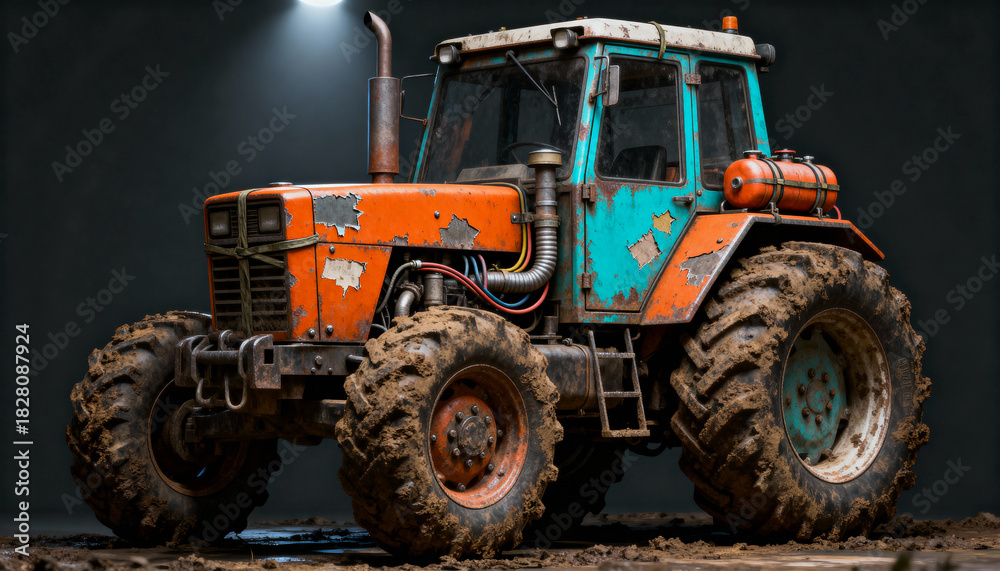 Obraz premium A rugged off-road tractor covered in mud, showcasing worn paint, heavy wheels, and industrial details. The dramatic lighting highlights its tough build and years of hard work in harsh environments.