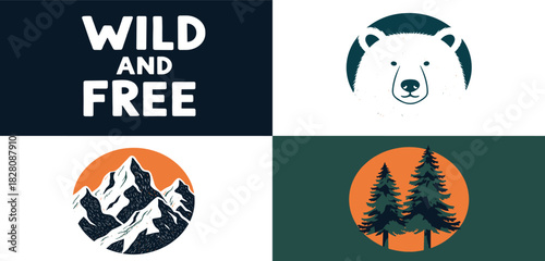 Set of nature and adventure themed logo designs with a bear, mountains, and forest illustration