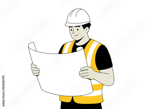A construction worker in a hard hat and safety vest reviews blueprints on a white background, symbolizing planning and development.