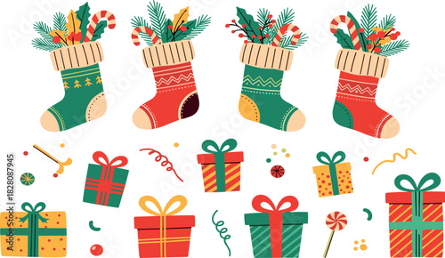 Festive Christmas stockings overflowing with candy canes and pine sprigs alongside beautifully wrapped gift boxes and sweet treats