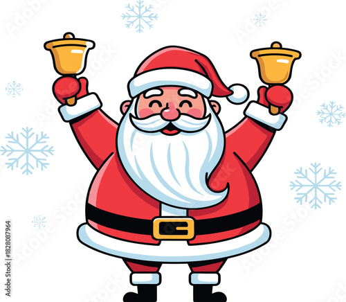 Jolly Father Christmas spreading holiday cheer, joyfully ringing golden bells amidst a whimsical flurry of sparkling snowflakes, celebrating the festive season with a happy smile