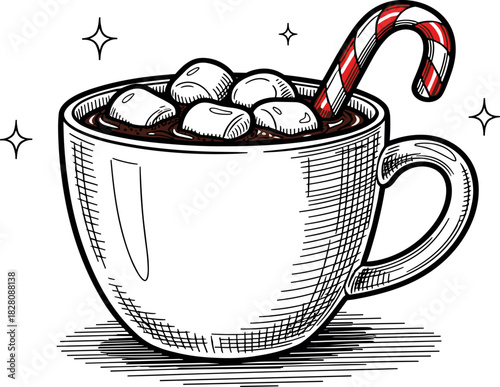 Hot chocolate with marshmallows and candy cane in a white mug, festive drink illustration