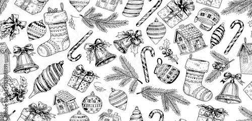 Hand-drawn seamless pattern of vintage Christmas doodles including stockings, gifts, and bells. Monochrome winter holiday background illustration