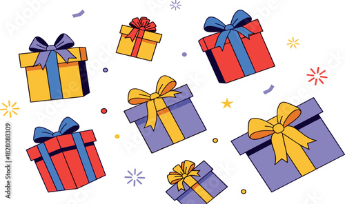 A lively assortment of colorful wrapped gift boxes with ribbons, playfully scattered, symbolizing joy, celebration, and the spirit of giving for special festive occasions