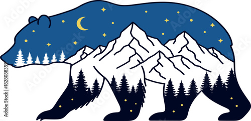 Symbolic bear silhouette filled with a majestic mountain range, pine forest, and a starry night sky