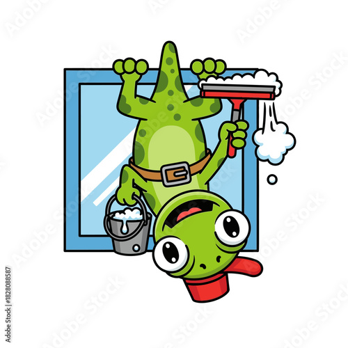 Whimsical lizard cleaning a window with a squeegee and bucket, perfect for children's books or fun educational content