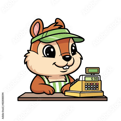 Adorable cartoon squirrel cashier ringing up sales with a big smile in a playful, inviting scene perfect for children's books or educational materials