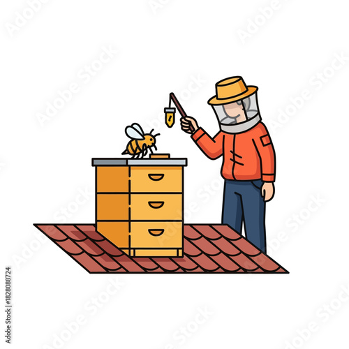 Beekeeper tending to hive with honeybee on rooftop, showcasing apiculture and beekeeping practices, a delightful scene of nature and industry