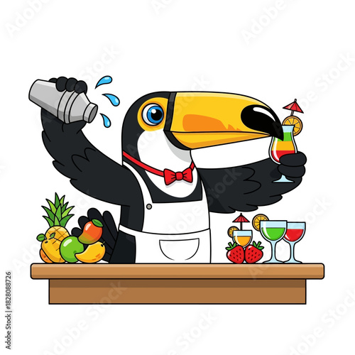 Whimsical toucan bartender mixing vibrant cocktails, a fun tropical party vibe perfect for summer events and playful advertising campaigns