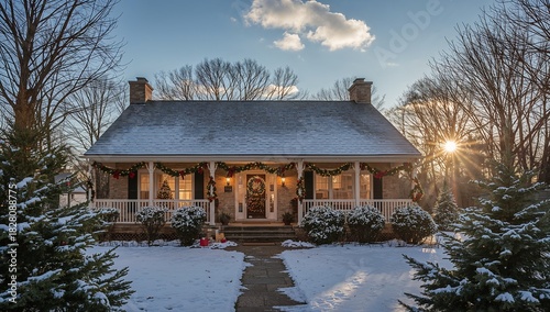 House decorated with Christmas Decorations in the Snow