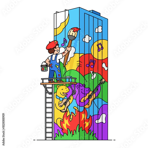 Vibrant mural artist at work, painting playful musical bears on a colorful building, bringing joy and creativity to cityscapes with whimsical art