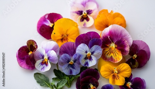 A Close Up Shot Of Various Pansy Flowers In Shades Of Purple Pink And Yellow On A White Background