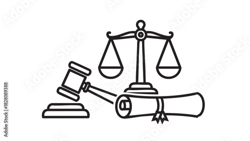 Legal Symbolism Justice Scales, Gavel, and Diploma Line Art