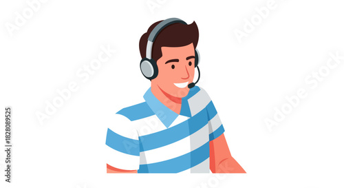 Customer support representative with headset in modern flat art style