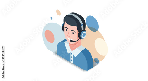 Customer support representative with headset in isometric style