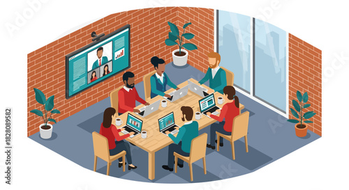 Diverse team collaborating in modern office setting with technology