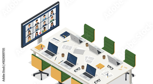 Remote team collaboration session in modern office setting with video conference technology