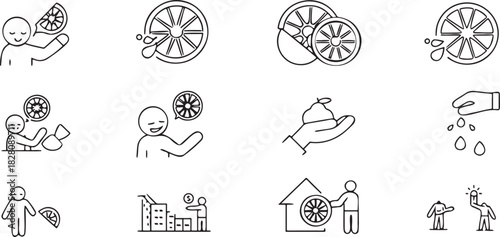 Assortment of simple line art icons depicting people enjoying citrus fruit and financial concepts
