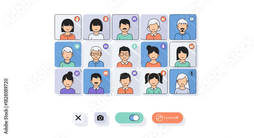 Diverse online meeting avatars with communication icons in flat design style