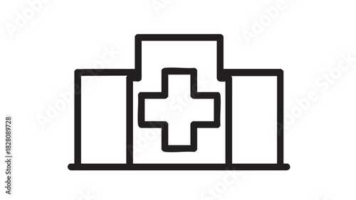 Icon of a hospital building with a prominent cross symbol, representing healthcare and medical services