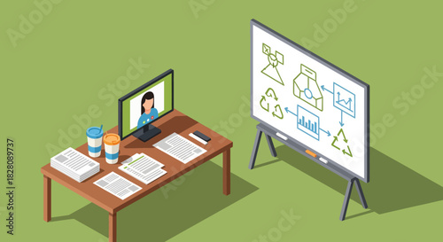 Remote work concept with isometric home office setup and presentation board for online meetings