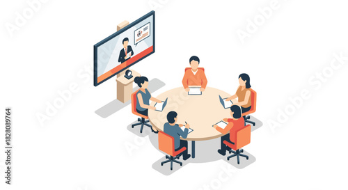 Isometric video conference team meeting with diverse participants in modern office