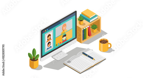 Home office setup with video call display and cozy workspace elements