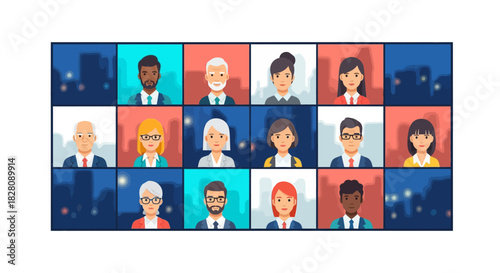 Office team virtual meeting display with diverse professional avatars in grid layout