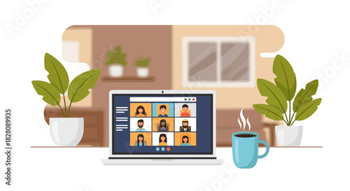 Remote team meeting on laptop in cozy home office setting