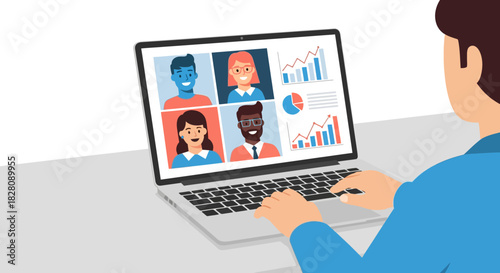 Virtual team meeting on laptop display with graphs and diverse professionals