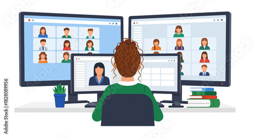 Remote work desk with multiple screens and video calls in a modern office setup